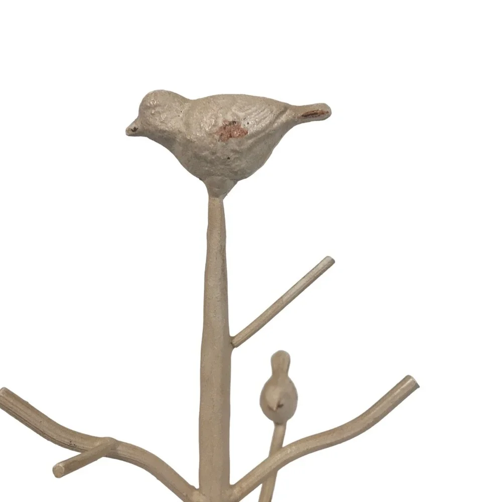 Vintage Metal Bird Jewelry Tree Stand Distressed Cream Farmhouse Decor 12.5in